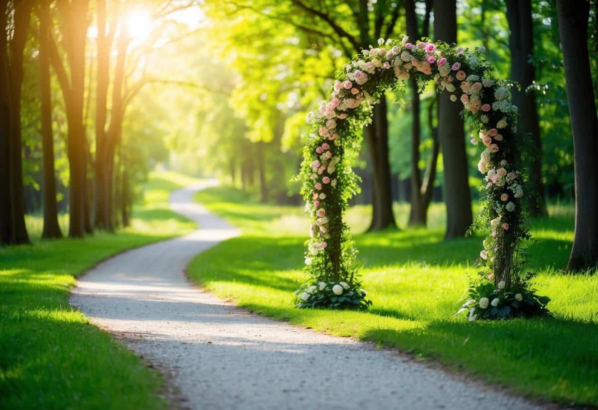 A winding path through a lush forest, leading towards a sunlit clearing with a beautiful archway adorned with flowers and greenery