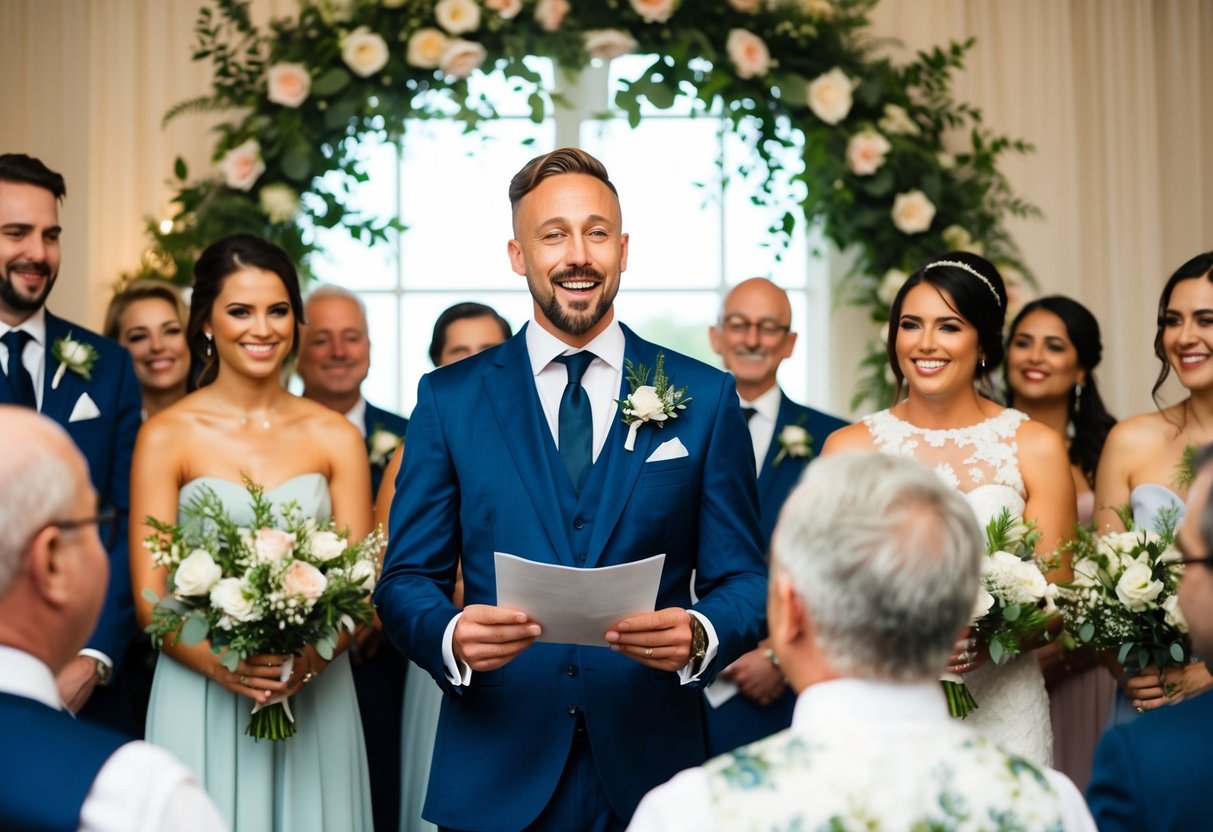 A wedding speech being delivered with love and emotion, surrounded by smiling guests and beautiful floral decorations