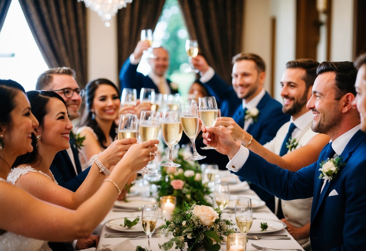 A group of people raise their glasses in celebration, smiling and clinking glasses together as the newlyweds listen to a heartfelt and memorable wedding toast
