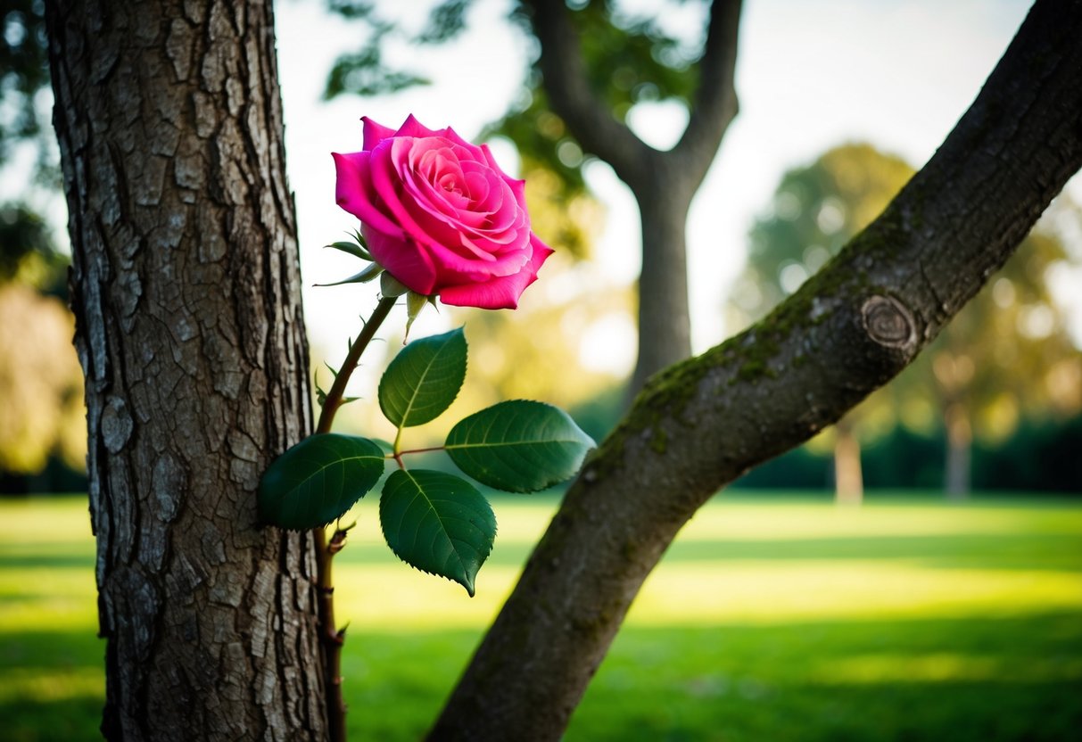 A blooming rose intertwined with a strong oak tree, symbolizing the perfect marriage