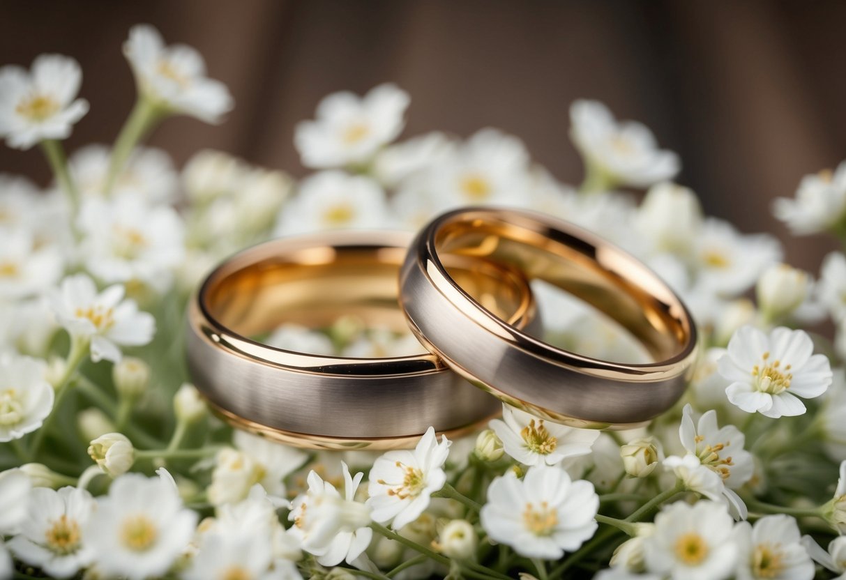 A pair of intertwined wedding rings resting on a bed of delicate white flowers