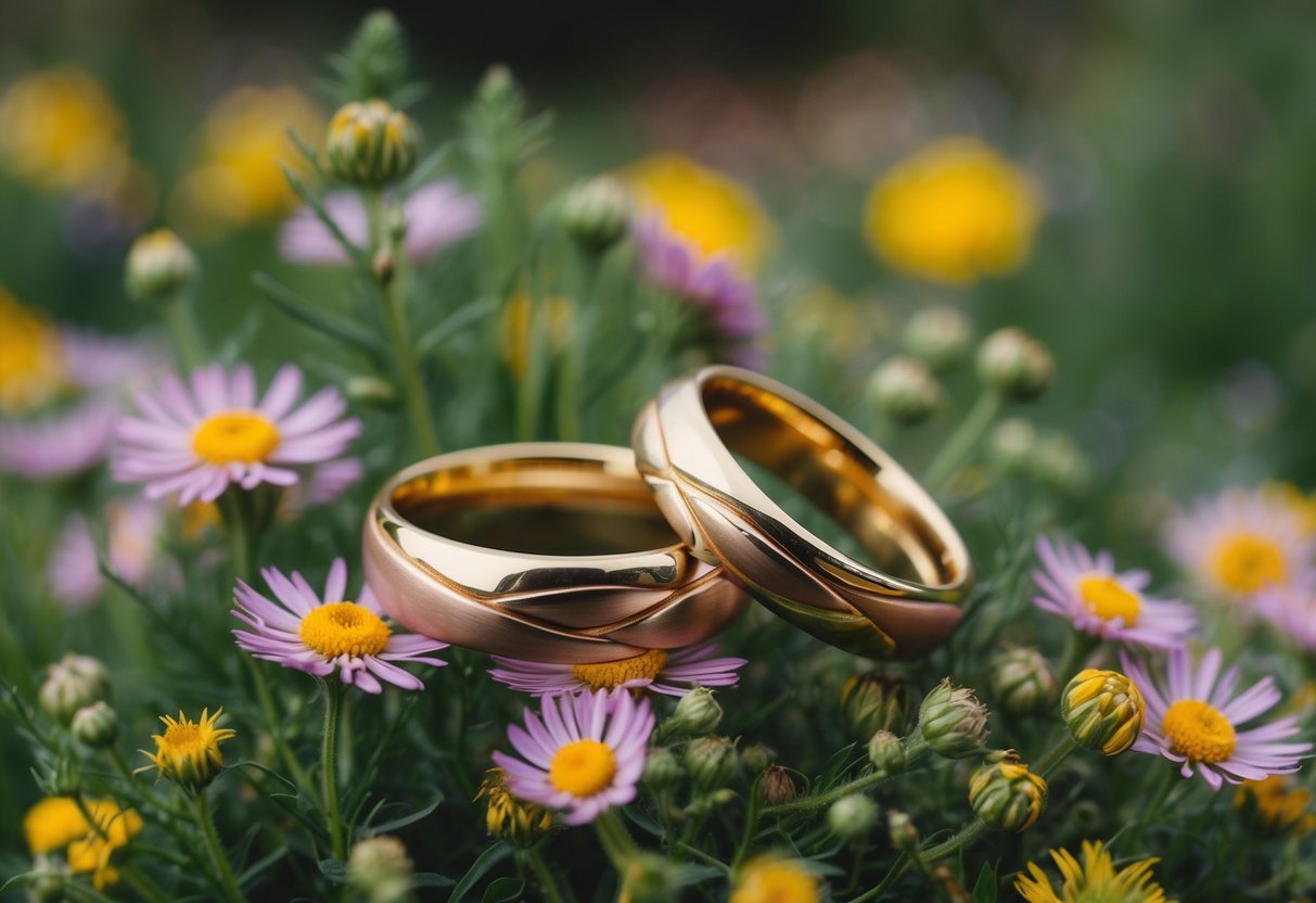 A pair of entwined, imperfectly shaped gold wedding bands resting on a bed of wildflowers