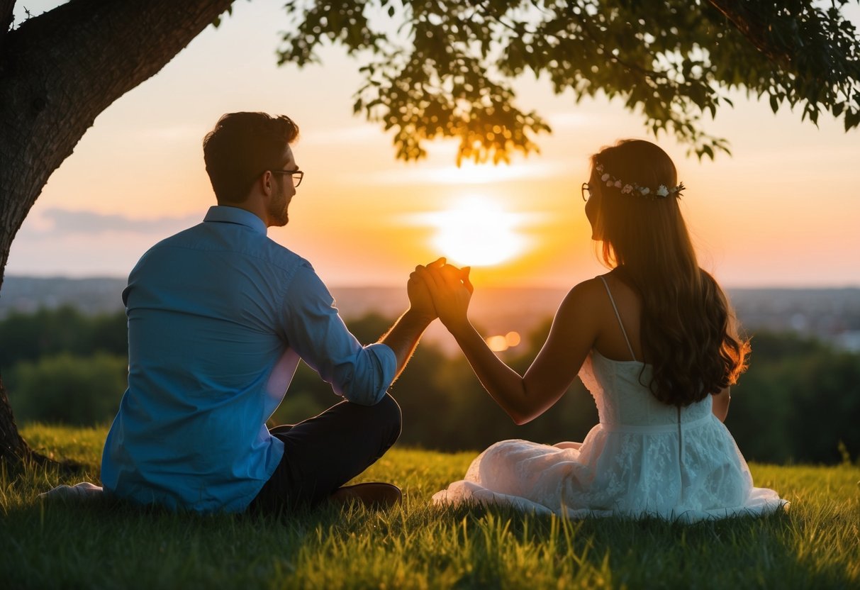 A couple sitting under a tree, gazing at the sunset with intertwined fingers, symbolizing love and commitment