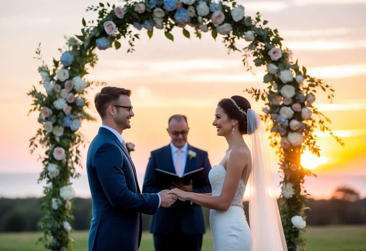 A bride and groom standing under a floral arch, exchanging vows with a serene sunset in the background