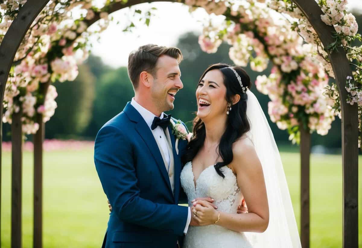 A bride and groom sharing a laugh under a blooming archway