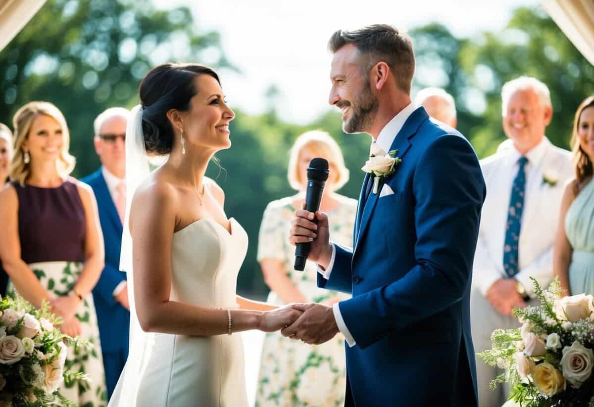A bride and groom stand on a sunlit stage, surrounded by flowers and smiling guests. The groom holds a microphone, while the bride looks at him lovingly