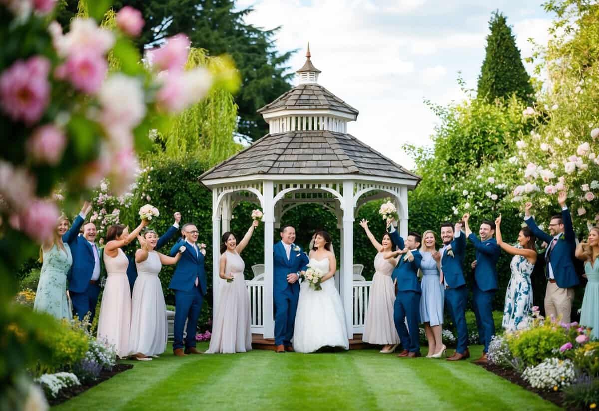 A serene garden with blooming flowers and a charming gazebo, surrounded by joyful guests celebrating a wedding