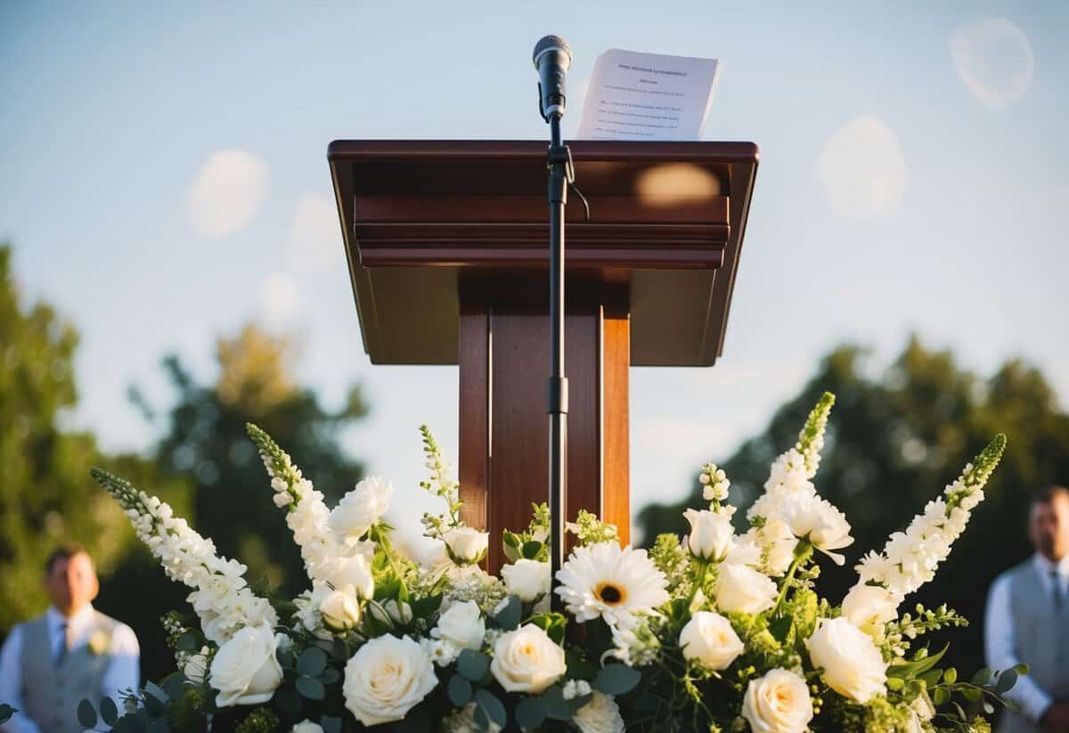 A podium with a microphone and a few notes, surrounded by flowers and wedding decor
