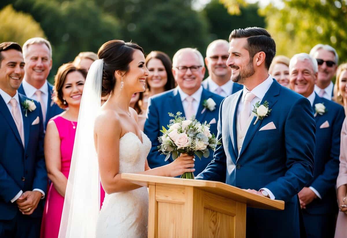 A bride and groom stand at a podium, surrounded by smiling guests. The bride holds a bouquet while the groom looks lovingly at her