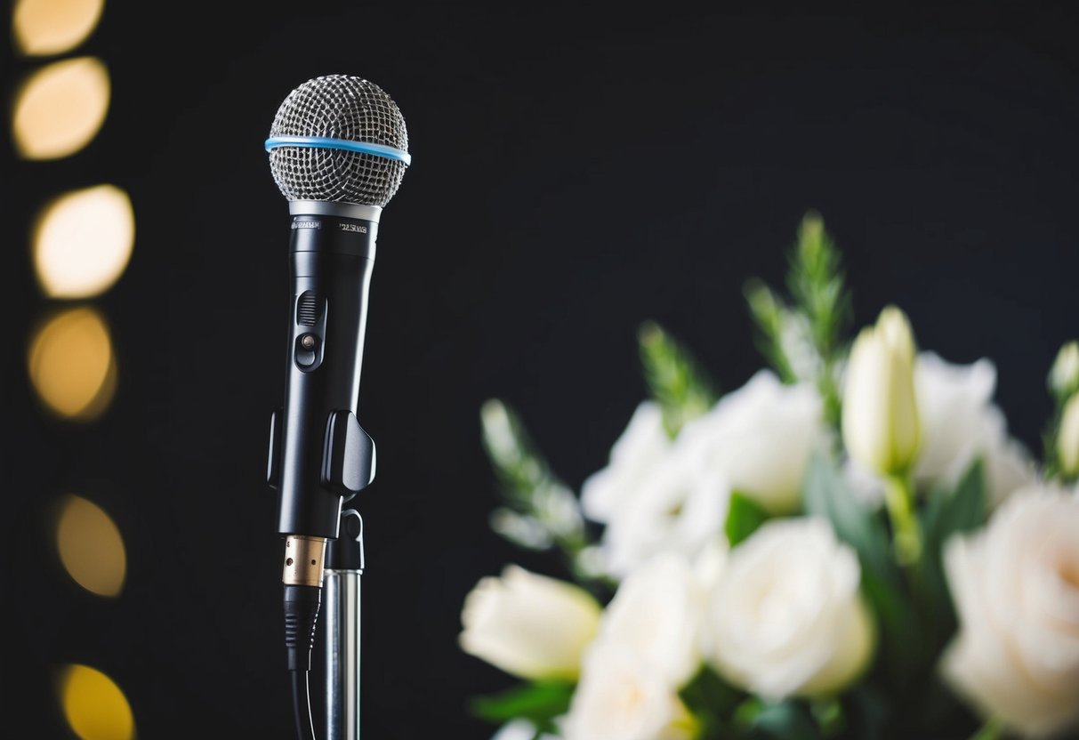 A microphone stands on a podium, spotlighted against a dark background, ready for a wedding speech