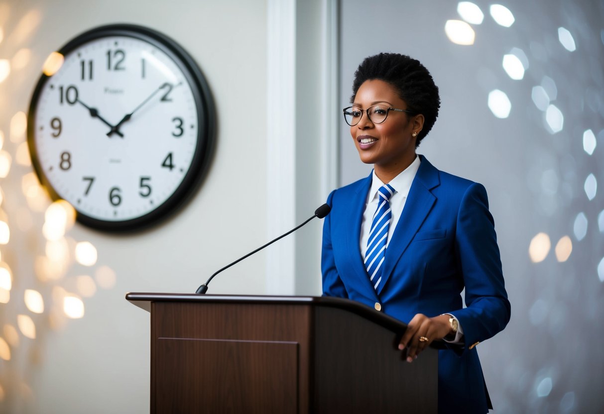 A person standing at a podium, speaking confidently with clear enunciation. A clock on the wall shows 5 minutes