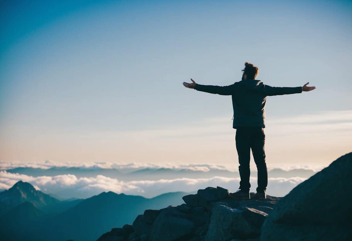 A person standing on a mountaintop, arms outstretched towards the sky, with a look of determination and inspiration on their face