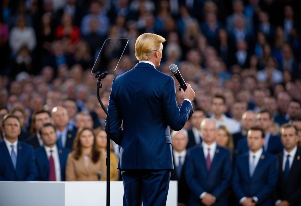 A well-dressed figure stands before a microphone, surrounded by a crowd. A sense of anticipation fills the air as the figure prepares to deliver a speech