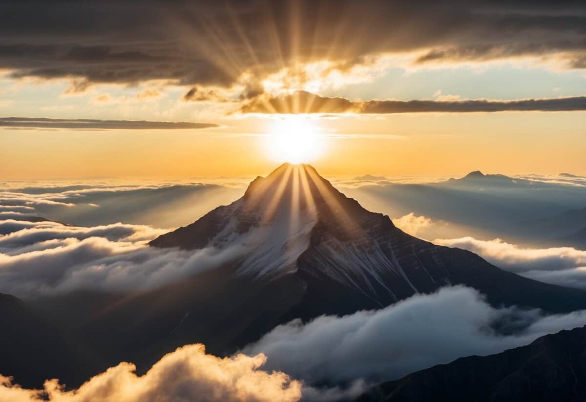 A sunrise over a mountain peak, with rays of light breaking through the clouds, symbolizing hope and strength
