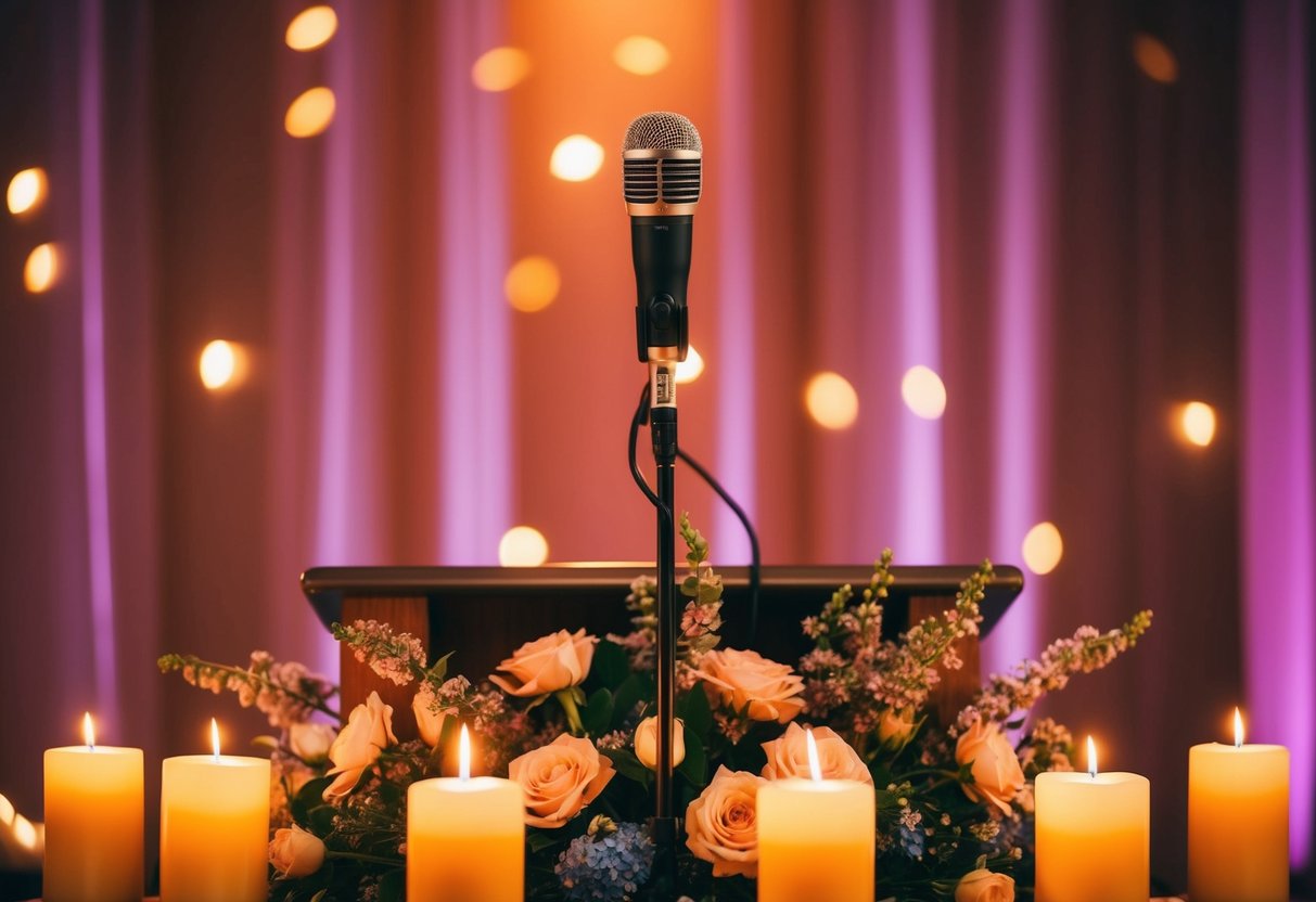 A microphone on a podium surrounded by flowers and candles, with a warm, glowing light illuminating the stage