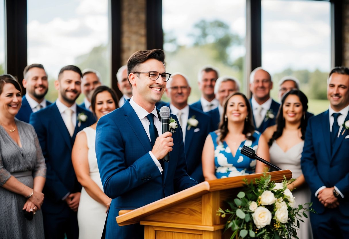 A person standing at a podium, surrounded by smiling guests, holding a microphone and delivering the closing lines of a wedding speech with confidence and warmth