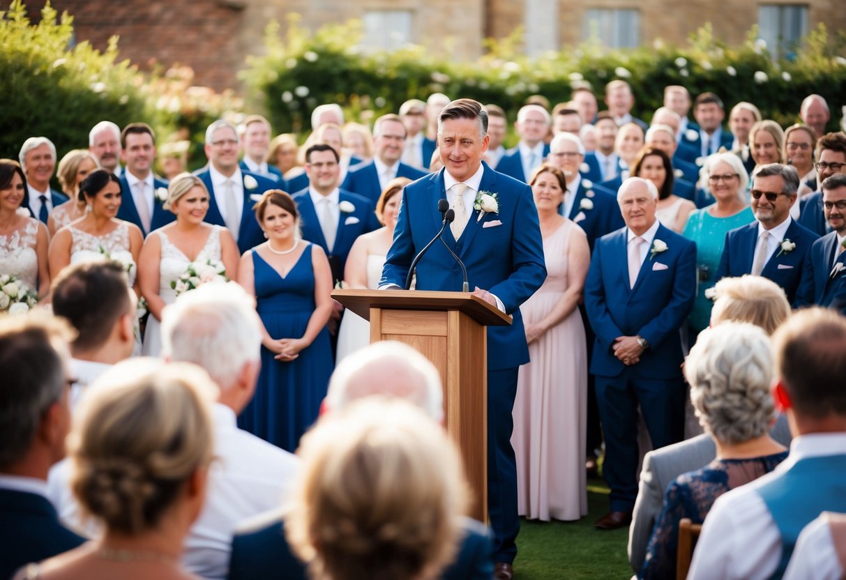 A person standing at a podium, surrounded by a crowd of wedding guests, delivering the final lines of a heartfelt speech