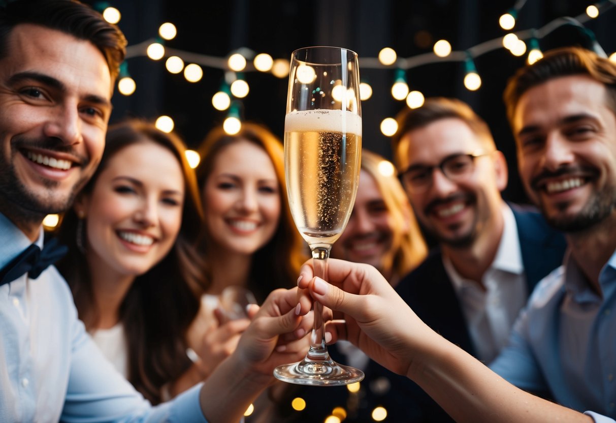 A champagne glass raised in celebration, surrounded by smiling faces and twinkling lights