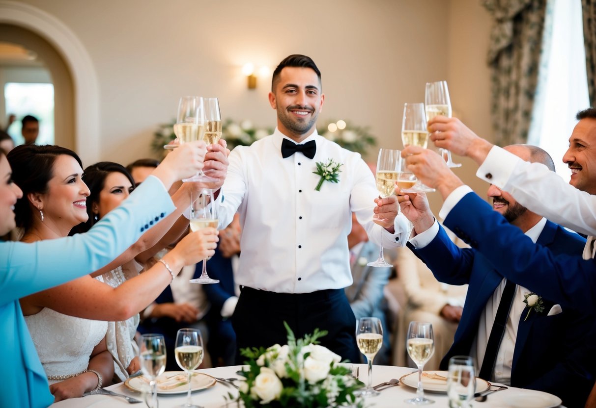 A group of people raise their glasses in a toast while the best man stands at the center, preparing to deliver a speech