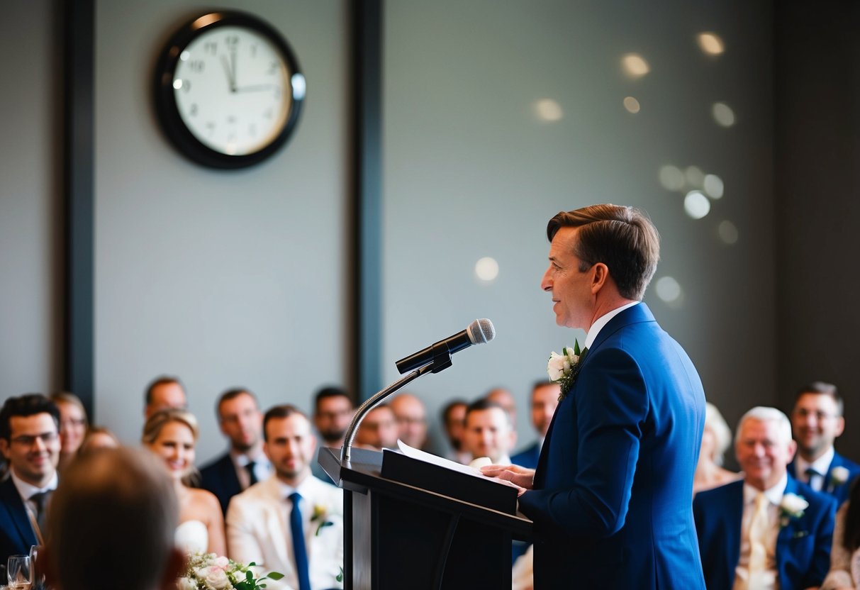 A person stands at a podium, speaking to a crowd. A clock on the wall shows the time passing as they deliver a wedding speech