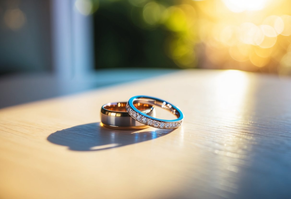A pair of wedding rings on a sunlit table