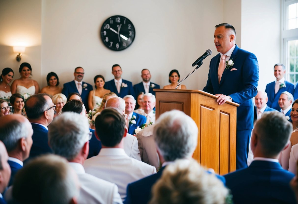 A person standing at a podium, speaking into a microphone, surrounded by a crowd of wedding guests. A clock on the wall shows the passing time