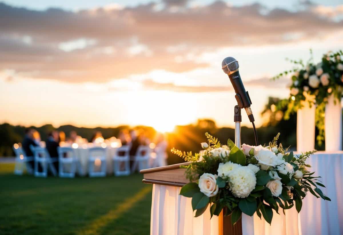 A microphone stands on a podium adorned with flowers, as the sun sets behind a picturesque outdoor wedding venue