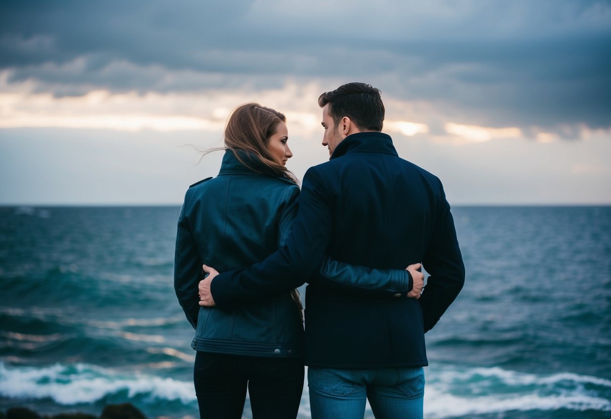 A couple standing side by side, facing a stormy sea. They hold each other, looking determined and united