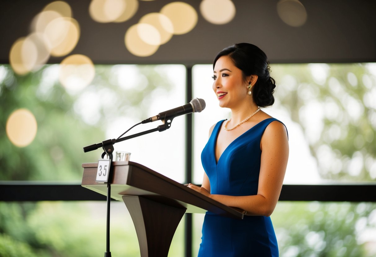 A person standing at a wedding podium, speaking into a microphone with a timer showing 3 minutes