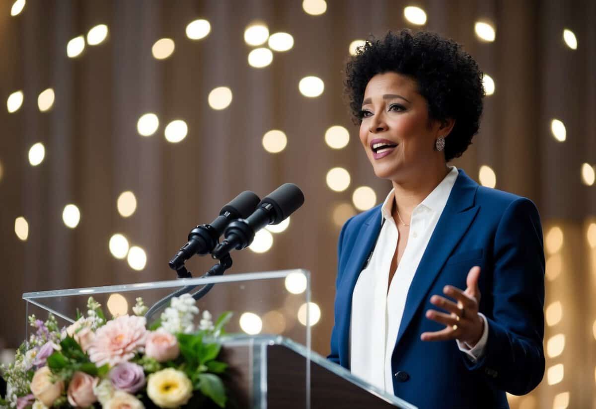 A person standing at a podium, surrounded by flowers and twinkling lights, speaking with emotion and sincerity