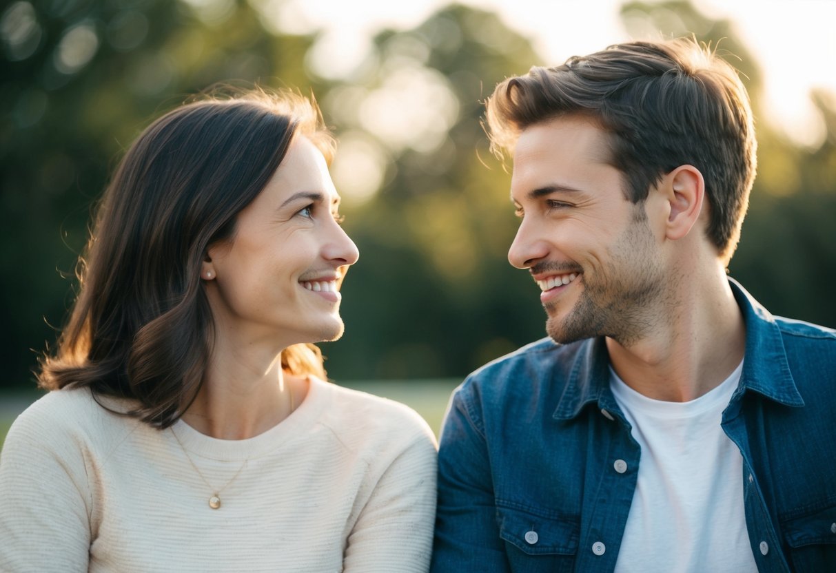 A couple sitting together, facing each other, with a warm and loving expression on their faces. A sense of connection and understanding is evident in their gaze