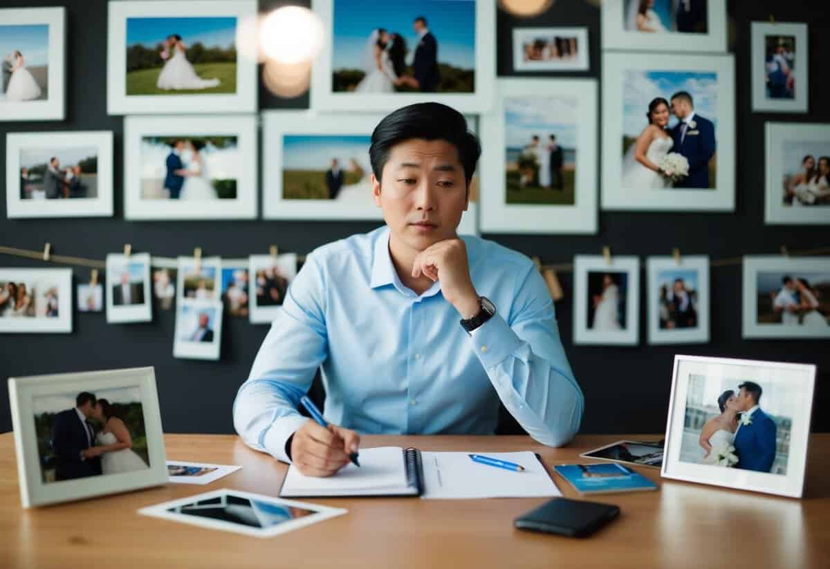 A person sitting at a desk with pen and paper, surrounded by wedding photos and memorabilia, deep in thought and contemplation