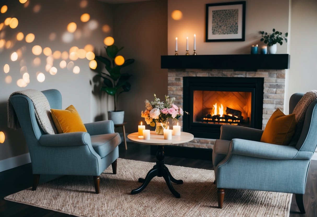 A cozy living room with a crackling fireplace, two comfortable chairs, and a small table set for two with candles and a bouquet of flowers