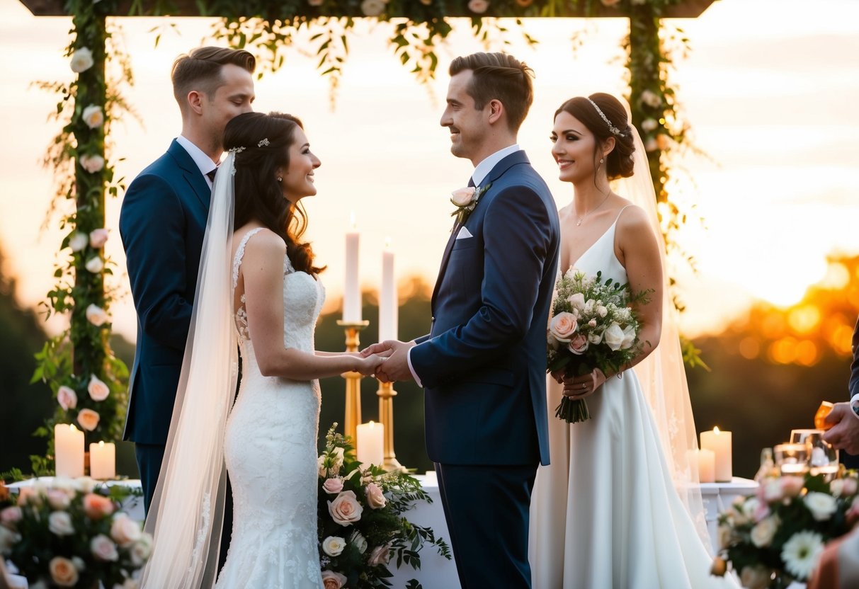 A bride and groom stand at the altar, surrounded by flowers and candles. The sunset casts a warm glow over the scene as the couple exchange vows