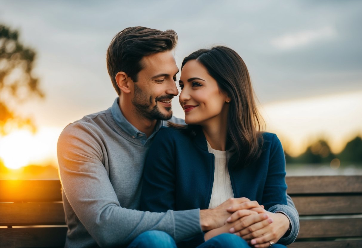 A couple sitting together, sharing a warm embrace, with a gentle smile and a look of understanding in their eyes