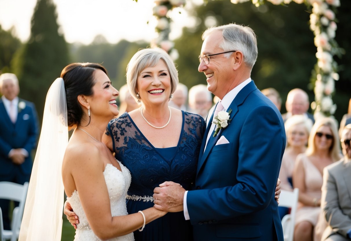 Parents smiling and standing together at a wedding ceremony
