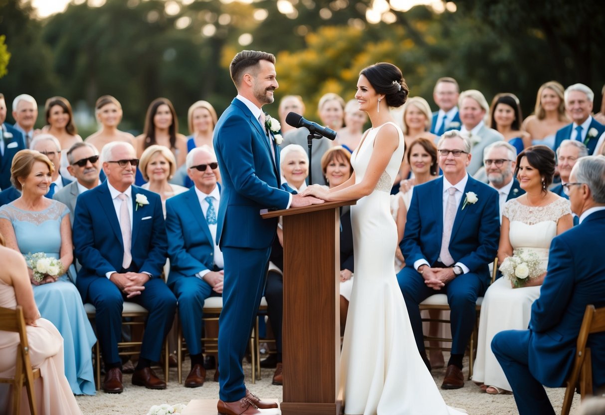 A couple stands at a podium, surrounded by a crowd. The parents of the bride and groom sit nearby, watching attentively