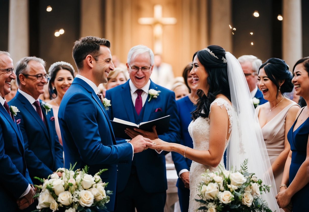 A bride and groom exchanging heartfelt vows at the altar, surrounded by family and friends, with tears of joy and laughter in the air