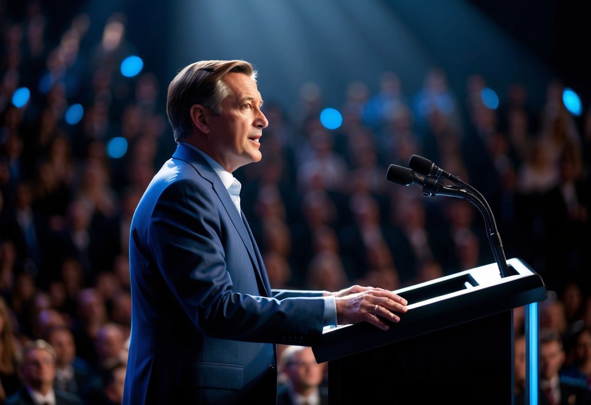 The speaker stands at a podium, gazing out at the audience under a spotlight, with a sense of determination and confidence in their expression