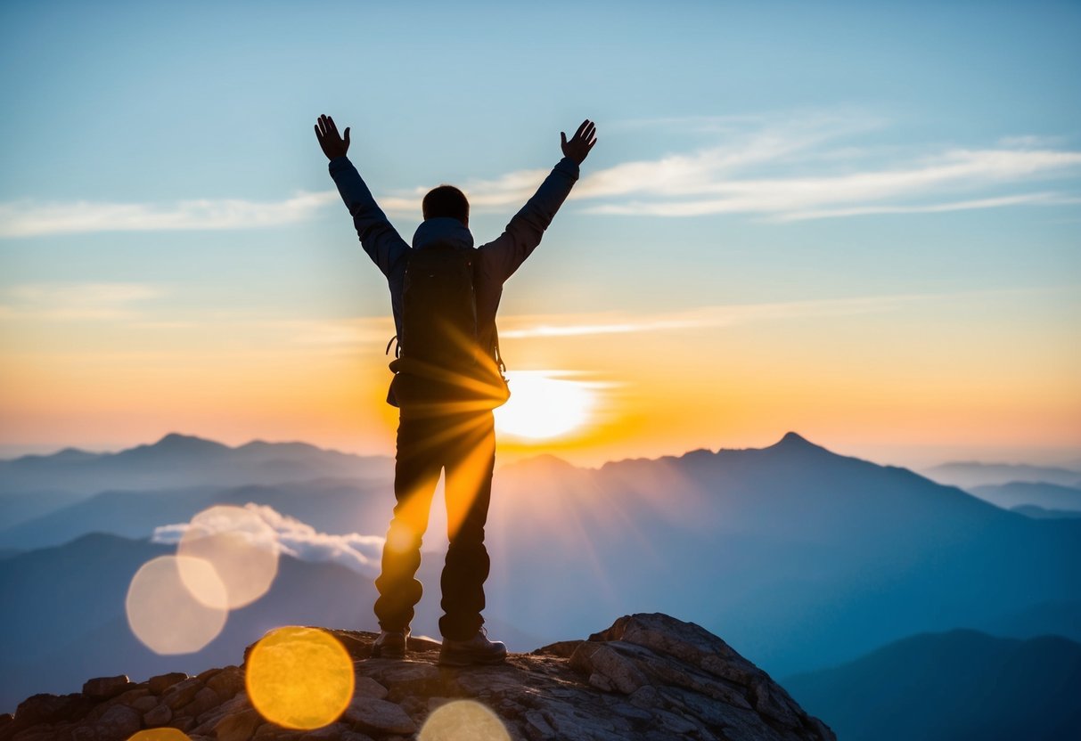 A figure standing on a mountain peak, arms raised to the sky, with the sun setting in the background