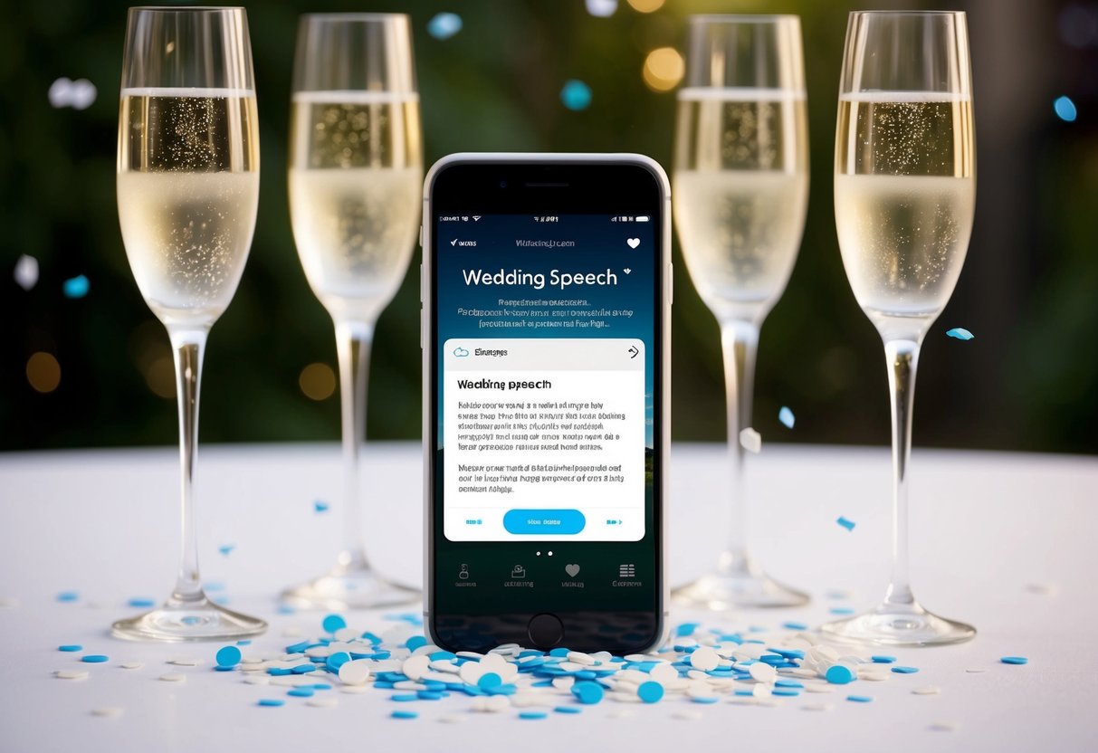 A phone displaying a wedding speech app open, surrounded by a scattering of confetti and a pair of champagne flutes