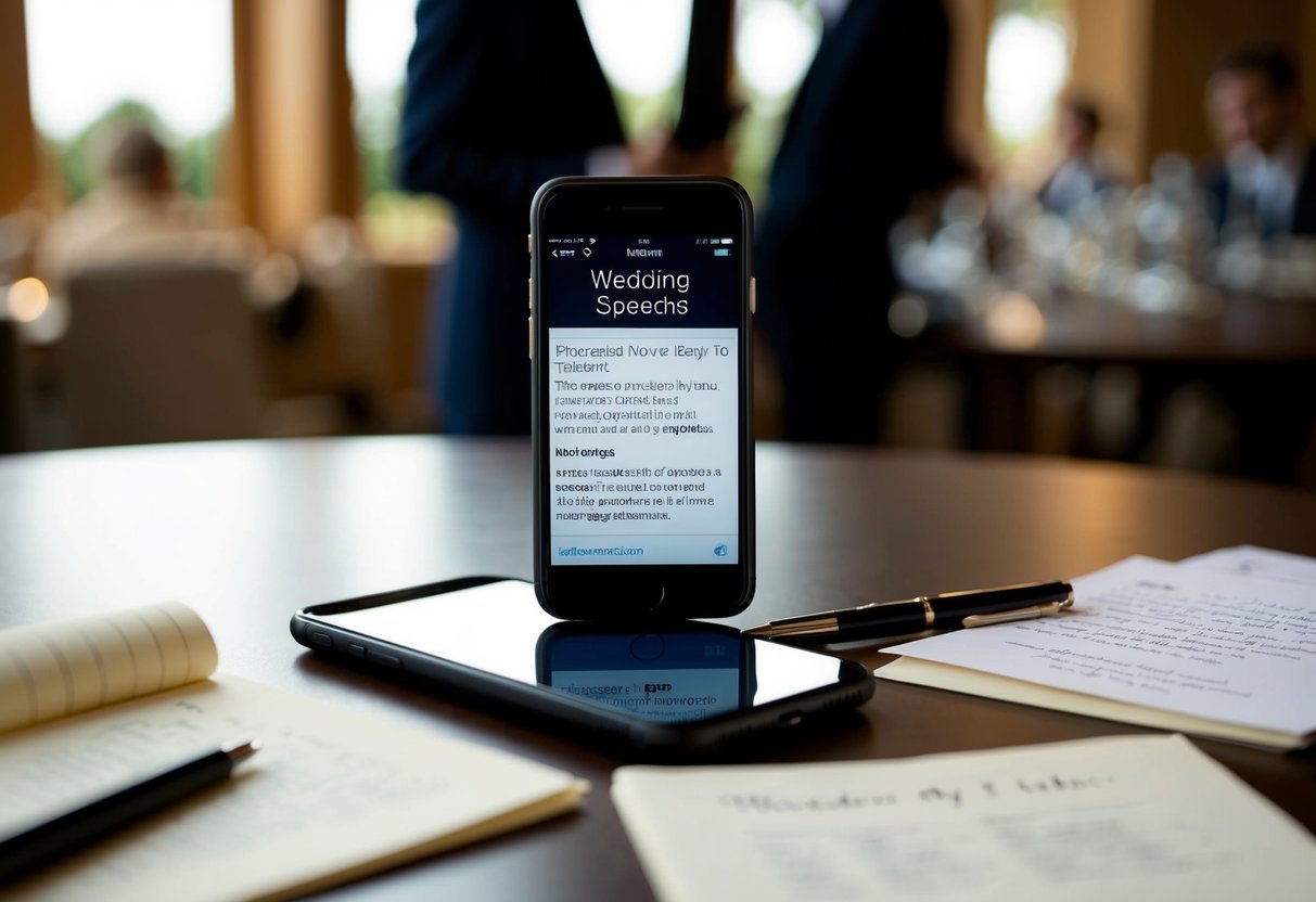 A person's phone lying on a table, surrounded by notes and a pen, with a wedding speech pulled up on the screen