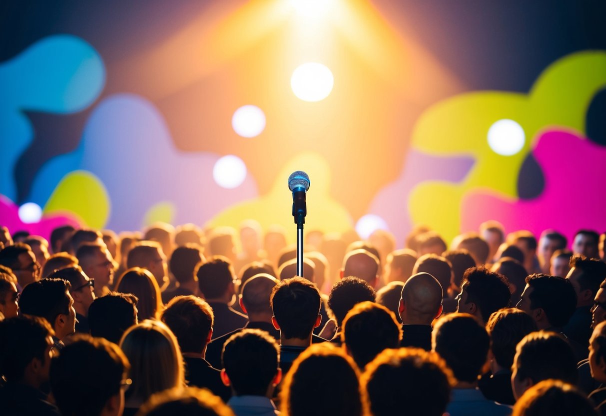 A spotlight shines on a microphone center stage, surrounded by a sea of eager faces. Bright colors and dynamic shapes fill the background, drawing attention to the speaker