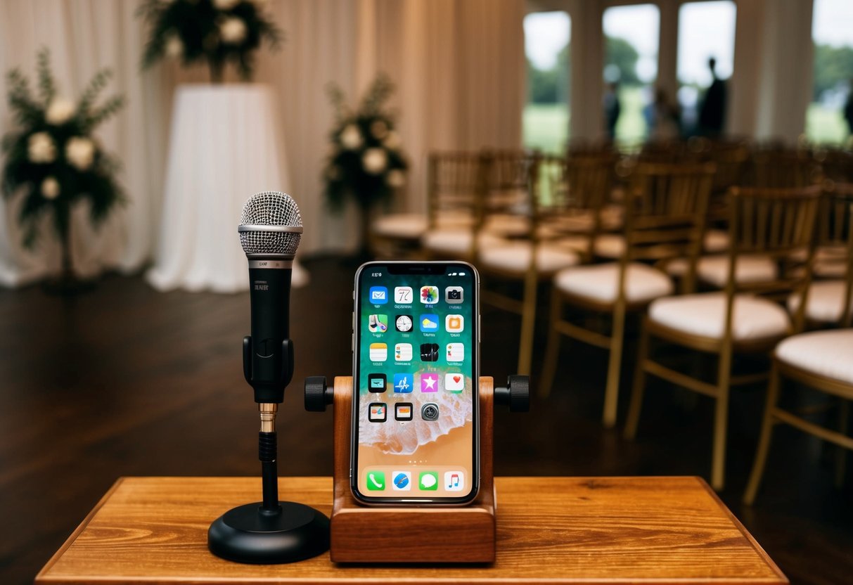 A phone placed on a wooden podium, with a microphone in front of it. A wedding venue in the background, with chairs and decorations