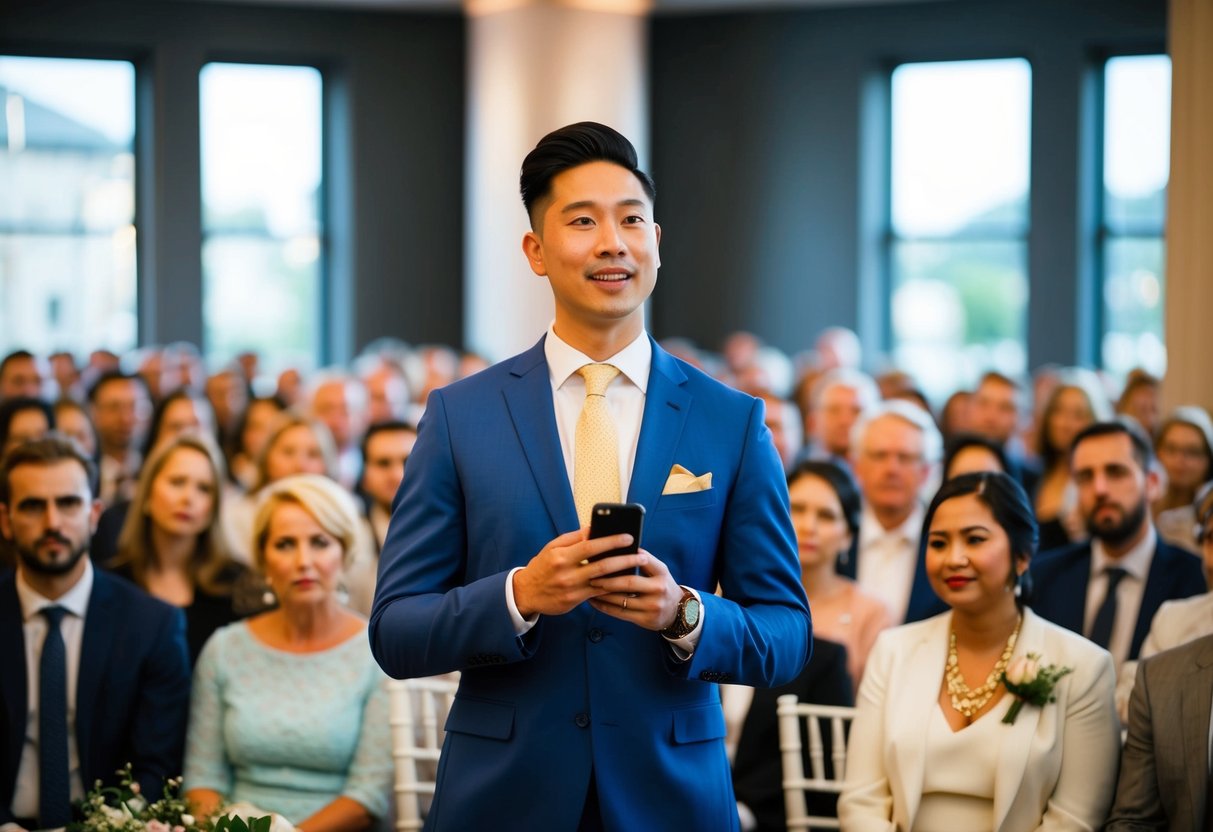 A person stands in front of a crowd, holding a phone and addressing an audience. They are speaking confidently and engagingly, tailoring their speech for a wedding setting