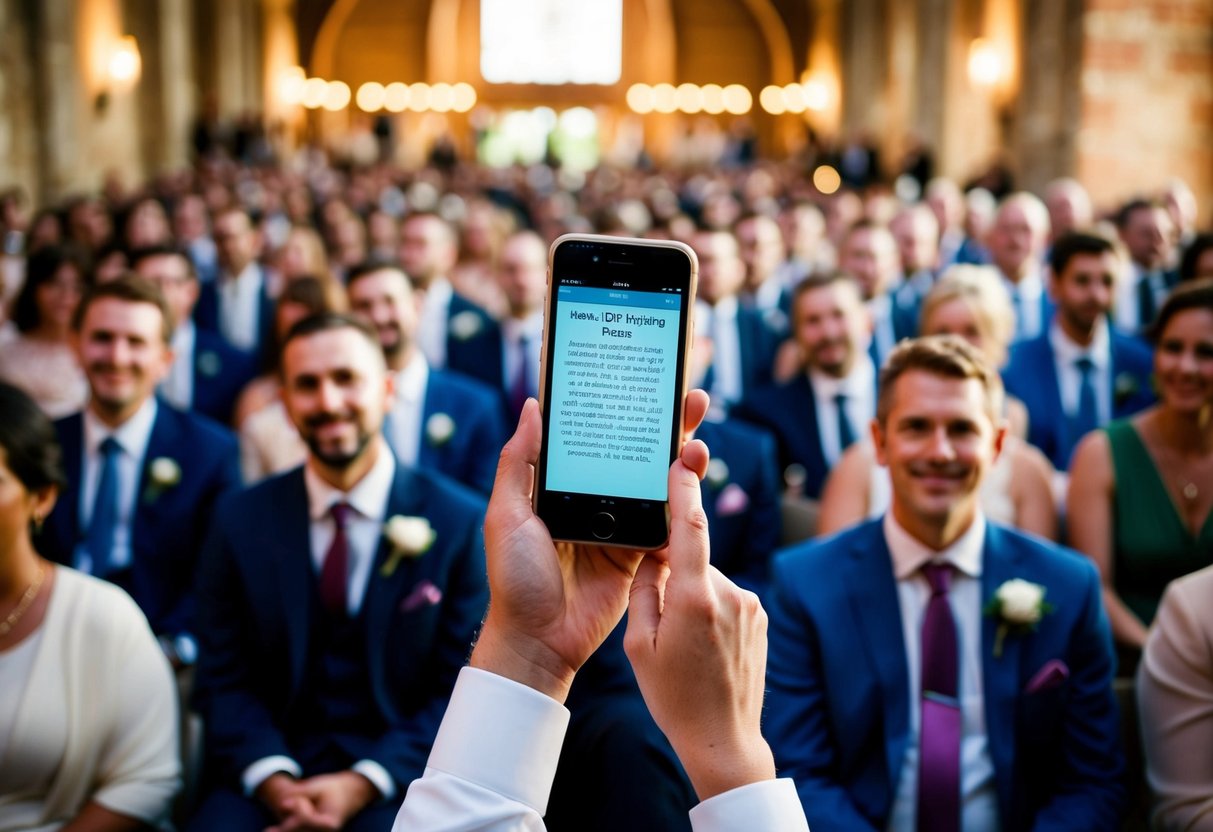 A phone is held up in front of a crowd, with the screen displaying a wedding speech. The audience looks engaged and attentive