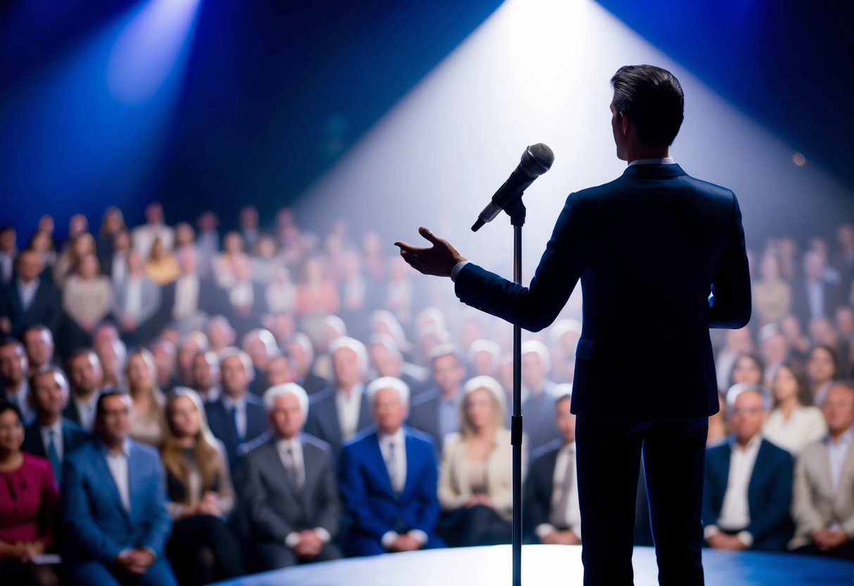 A figure standing on a stage, facing an audience, with a microphone in front of them. The spotlight shines down on them as they reach the end of their speech