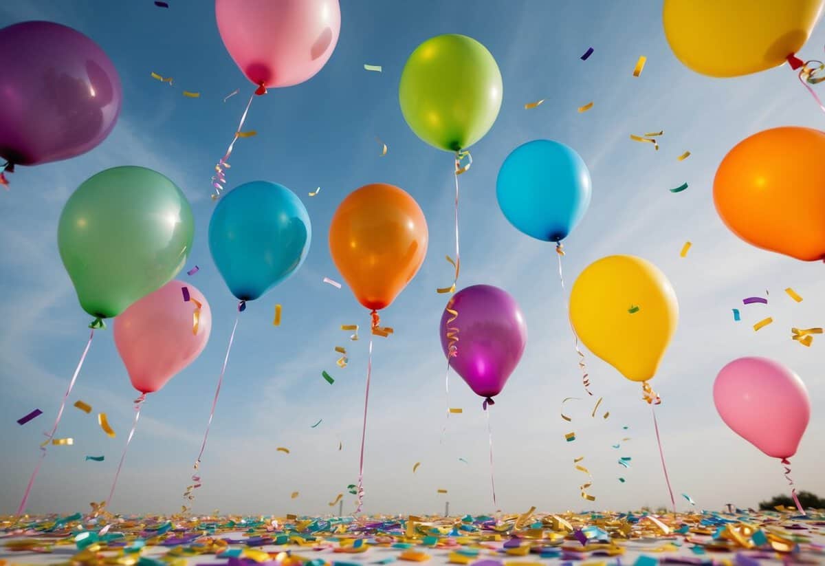 A group of colorful balloons rising into the air, with confetti scattered on the ground
