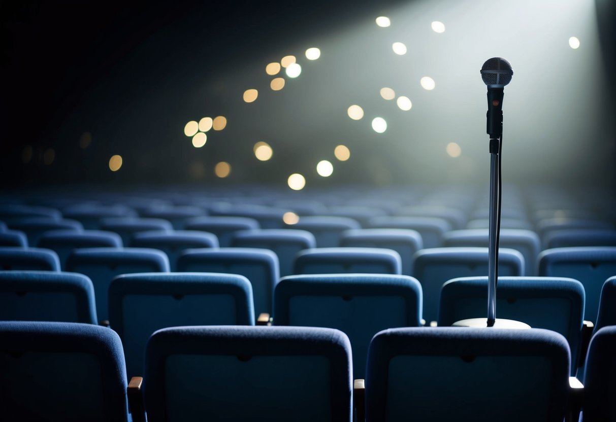 A spotlight shining on a solitary microphone on a stage, surrounded by a sea of empty seats, creating an atmosphere of anticipation and importance