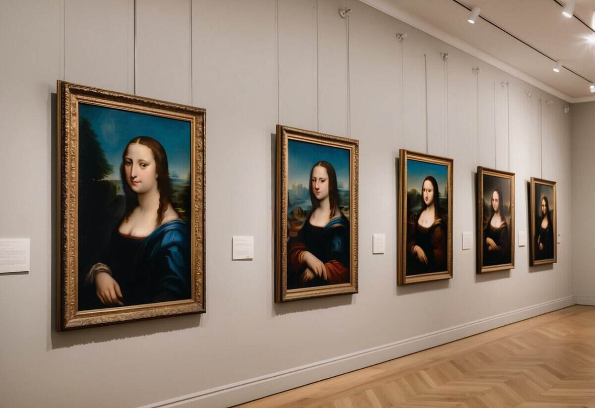 A group of classic paintings hanging on a gallery wall, with a spotlight shining on them